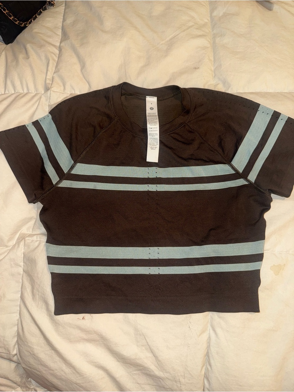 Women’s Brown Tee with Light Blue Stripes - Athletic Casual Top